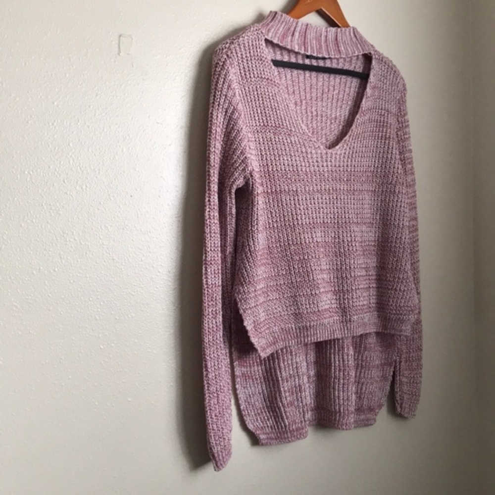 Boohoo Pink Marled Choker Neck Hi Low Sweater - Picture 3 of 7